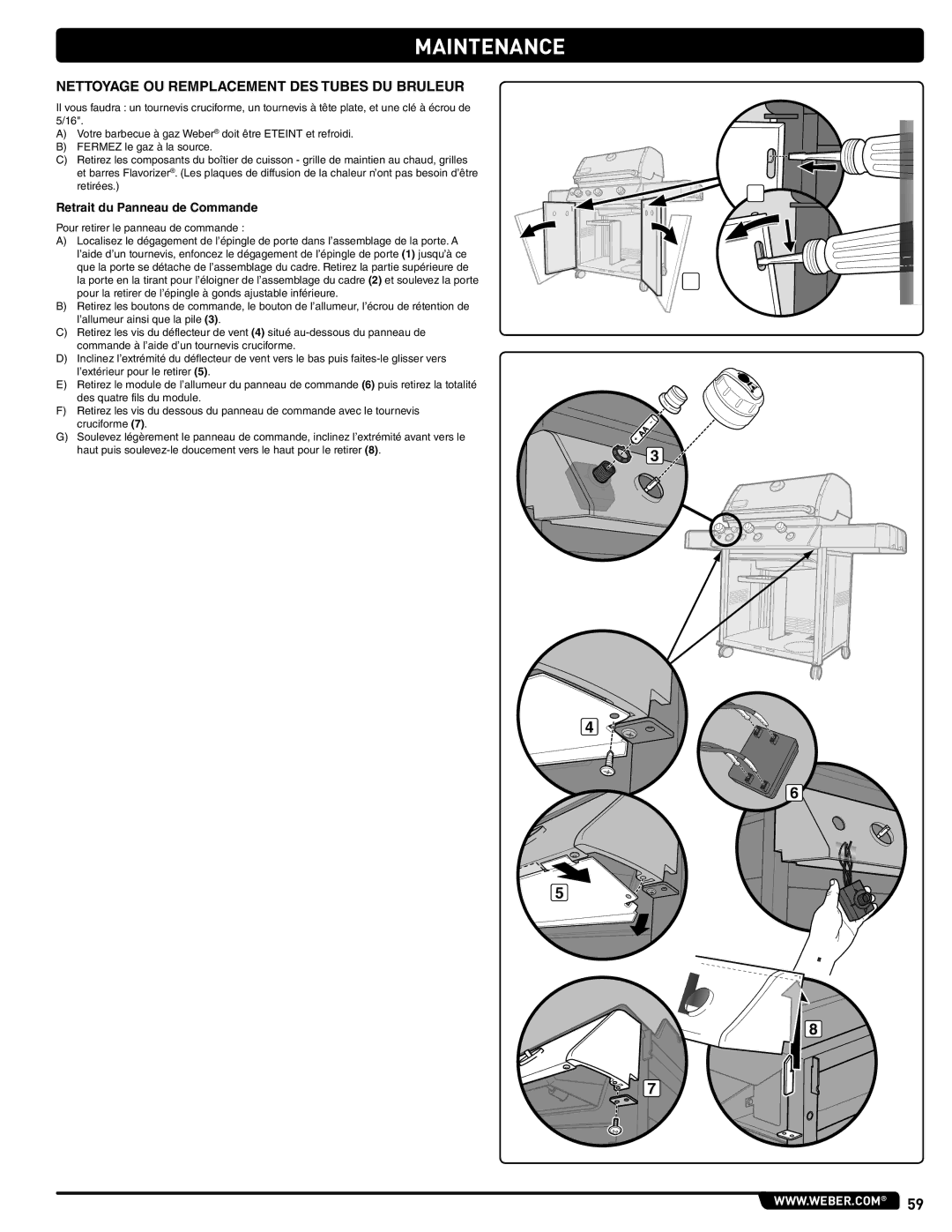 Weber 54381 manual Nettoyage OU Remplacement DES Tubes DU Bruleur, Retrait du Panneau de Commande 