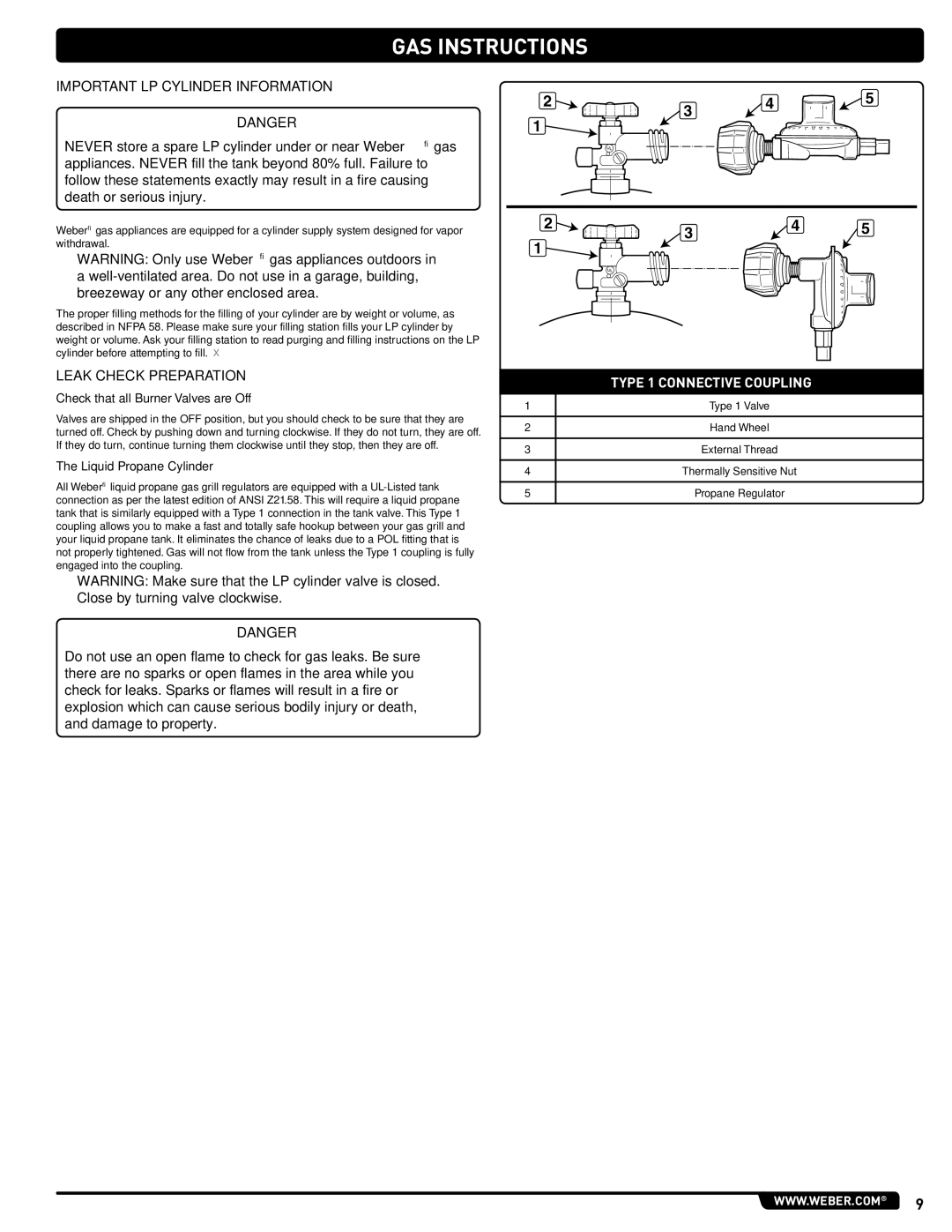 Weber 54381 manual Important LP Cylinder Information, Leak Check Preparation, Check that all Burner Valves are Off 