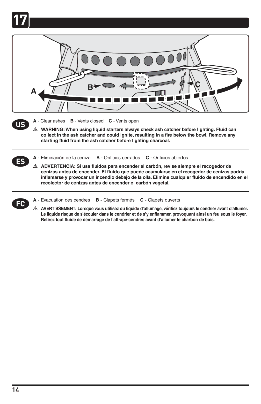 Weber 54780 US 080812 manual Clear ashes B Vents closed C Vents open 