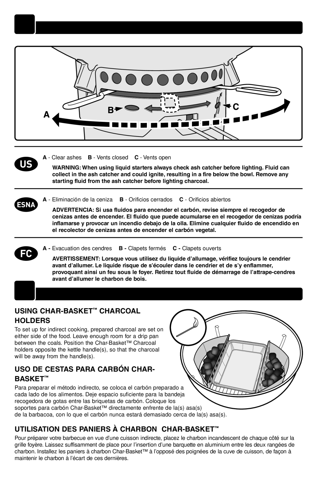 Weber 54784 manual Using CHAR-BASKETCHARCOAL Holders, USO DE Cestas Para Carbón Char Basket 