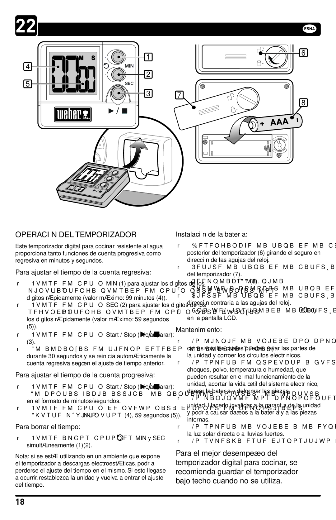 Weber 54784 manual Operación DEL Temporizador, Para ajustar el tiempo de la cuenta regresiva 