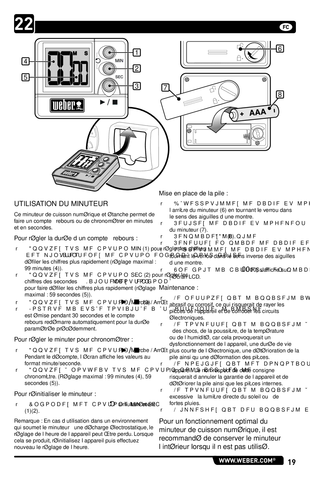 Weber 54784 manual Utilisation DU Minuteur, Pour régler la durée d’un compte à rebours 