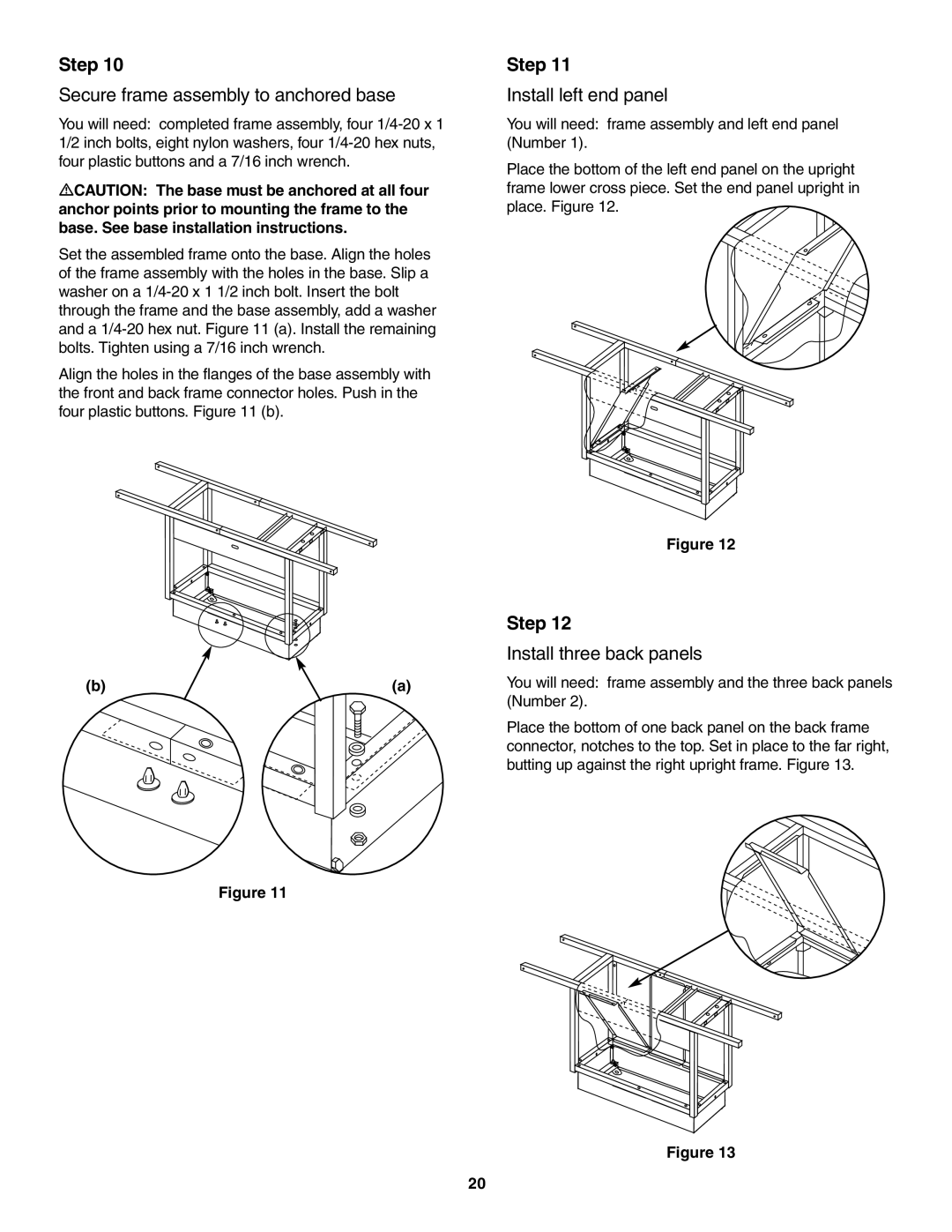 Weber 5500 owner manual Secure frame assembly to anchored base, Install left end panel, Install three back panels 