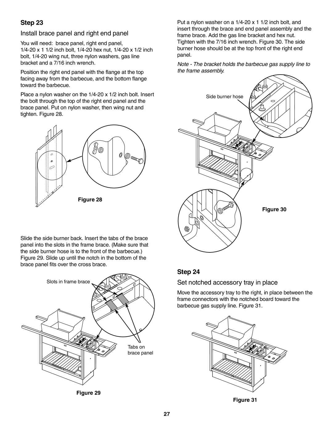 Weber 5500 owner manual Install brace panel and right end panel, Set notched accessory tray in place 