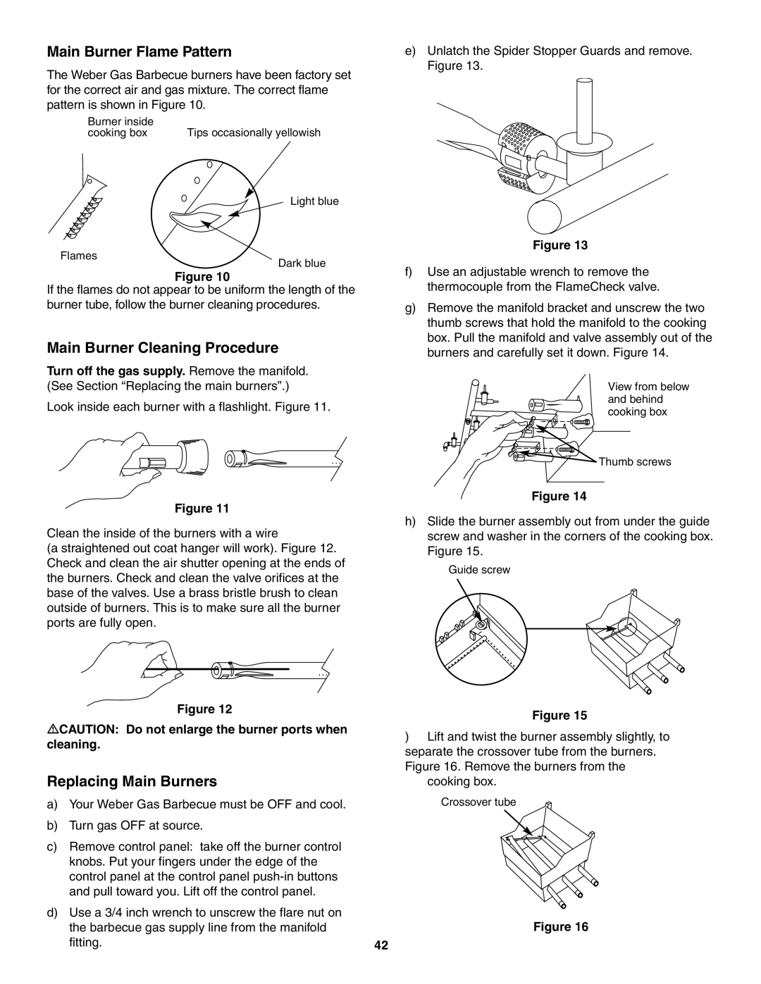 Weber 5500 owner manual Main Burner Flame Pattern, Main Burner Cleaning Procedure, Replacing Main Burners 