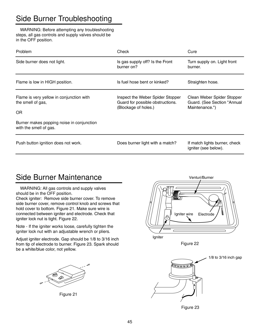 Weber 5500 owner manual Side Burner Troubleshooting, Side Burner Maintenance, Problem Check Cure Side burner does not light 