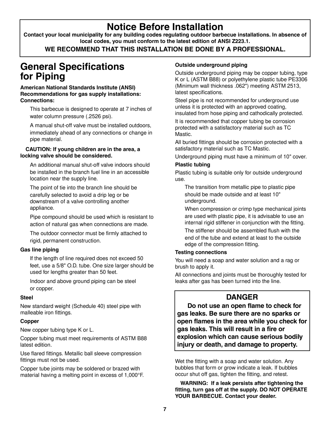 Weber 5500 owner manual General Specifications for Piping 