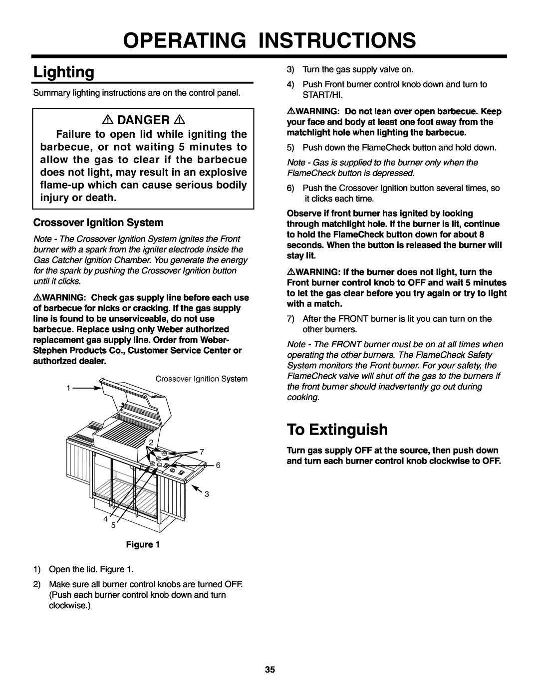 Weber 5500 owner manual Operating Instructions, Lighting, To Extinguish, Danger, Crossover Ignition System 