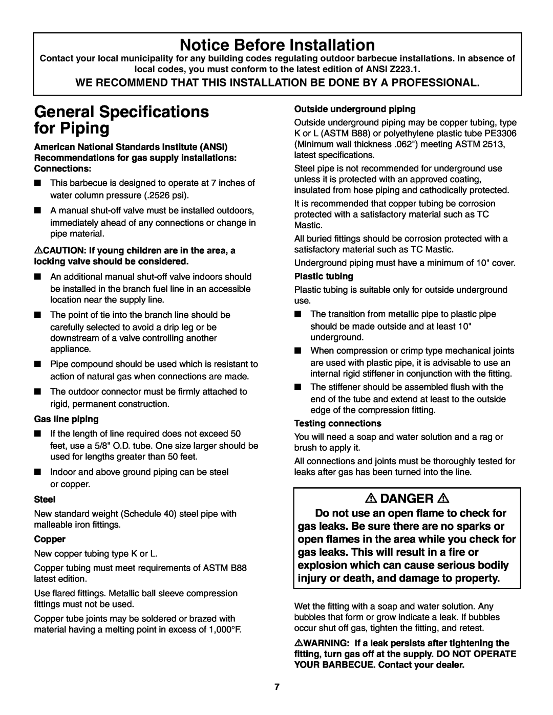 Weber 5500 owner manual Notice Before Installation, General Specifications for Piping, Danger 