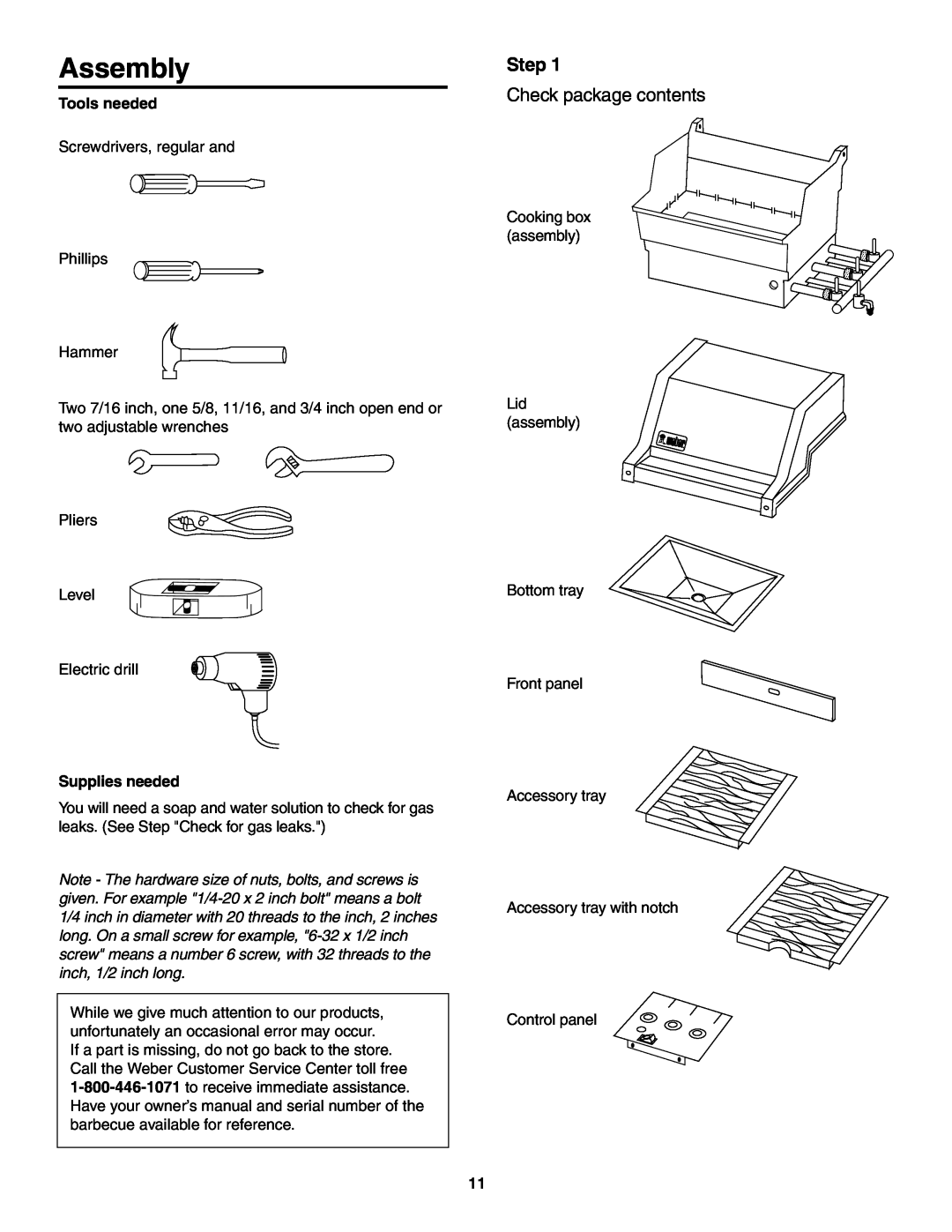 Weber 5500 owner manual Assembly, Step, Check package contents 