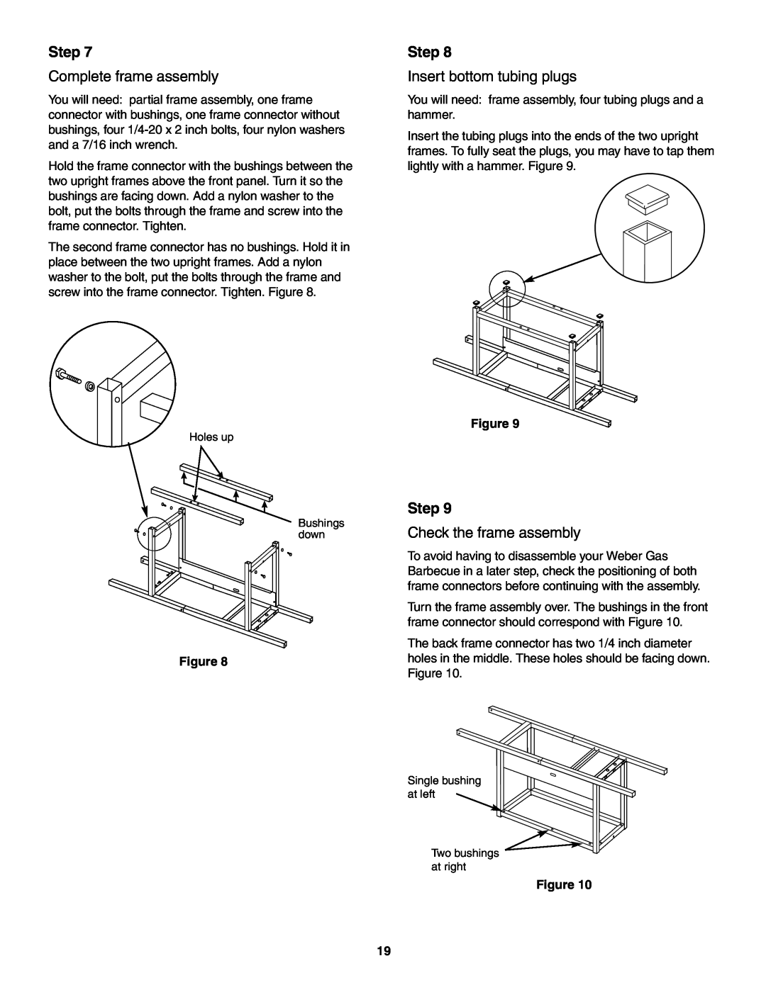 Weber 5500 owner manual Step, Complete frame assembly, Insert bottom tubing plugs, Check the frame assembly 