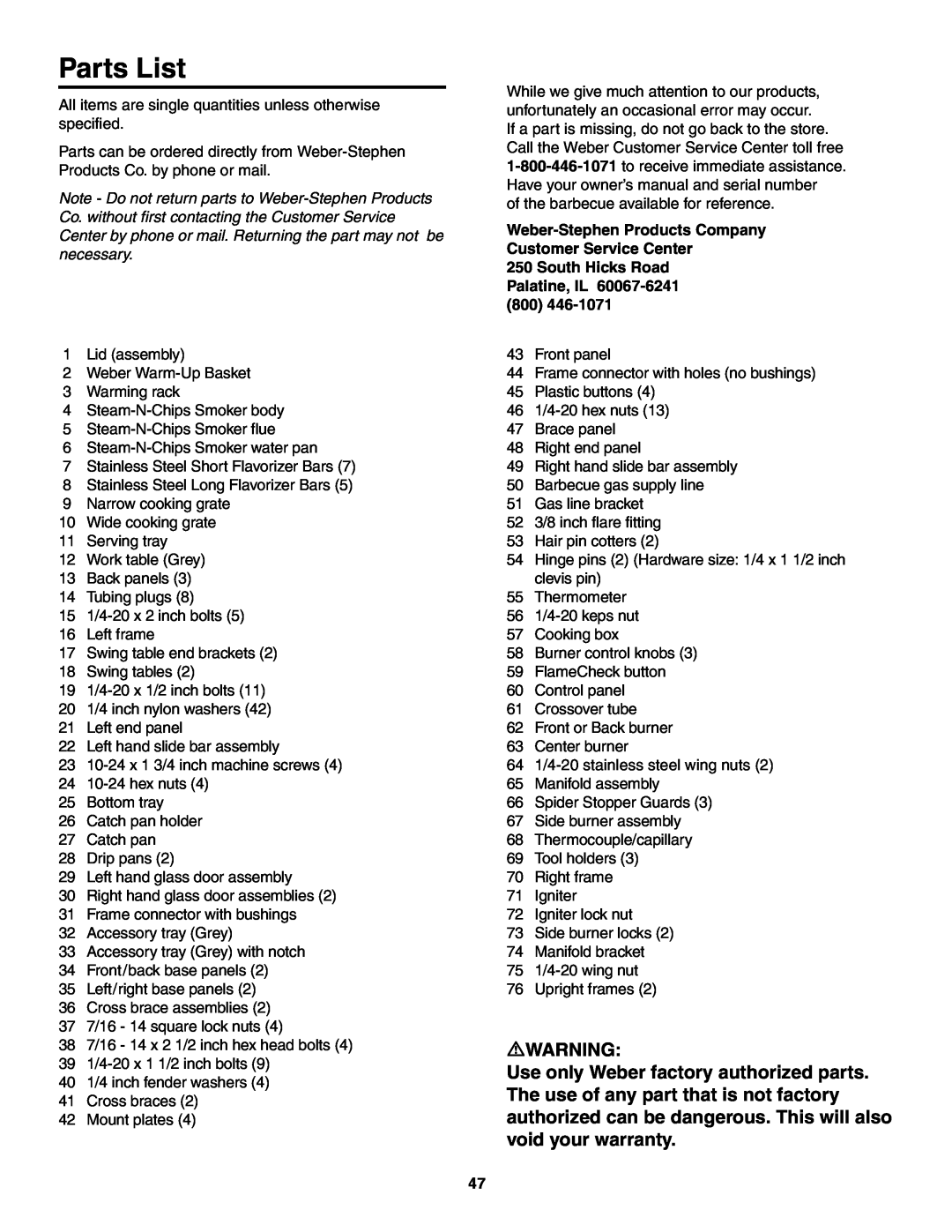 Weber 5500 owner manual Parts List, South Hicks Road Palatine, IL 
