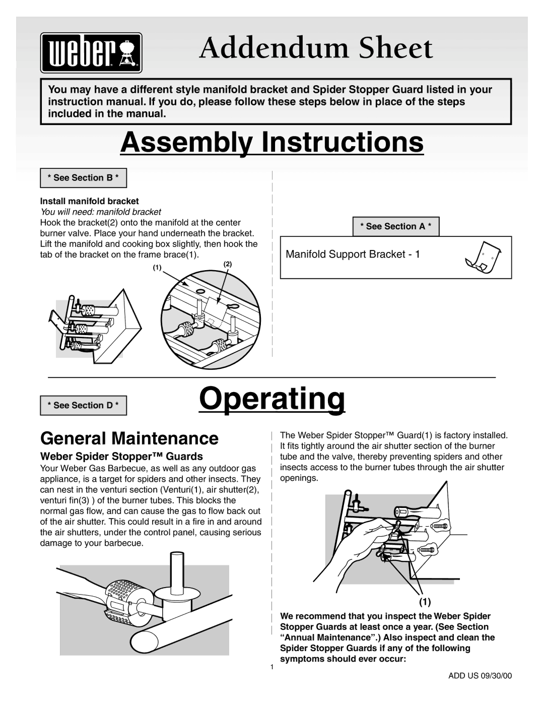 Weber 55008 manual General Maintenance, Weber Spider Stopper Guards, See Section B Install manifold bracket, See Section a 