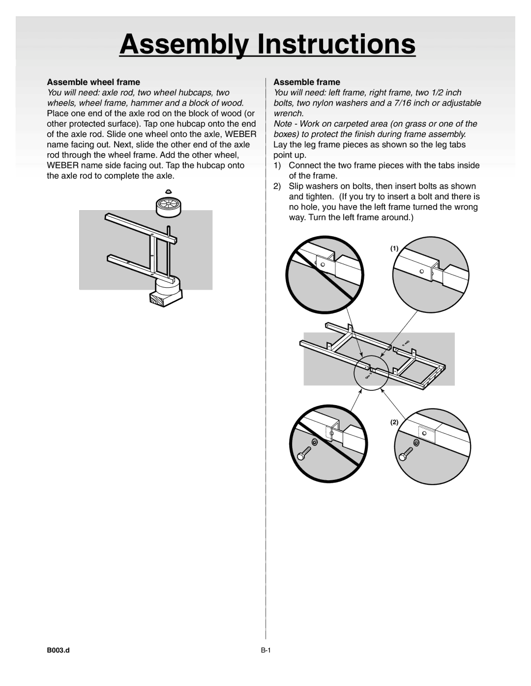 Weber 55008 manual Assemble wheel frame, Assemble frame 