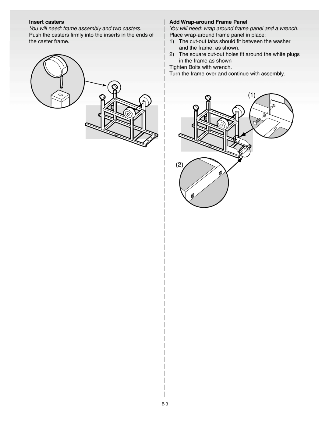 Weber 55008 manual Insert casters, Add Wrap-around Frame Panel 