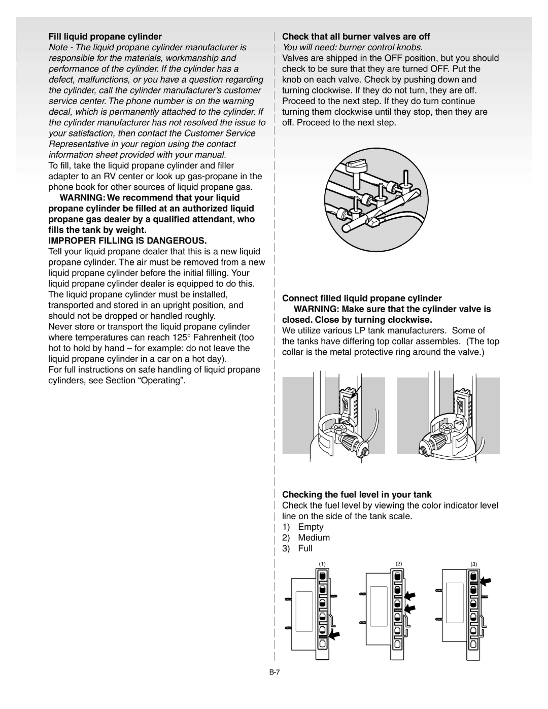 Weber 55008 manual Fill liquid propane cylinder, Check that all burner valves are off, Checking the fuel level in your tank 