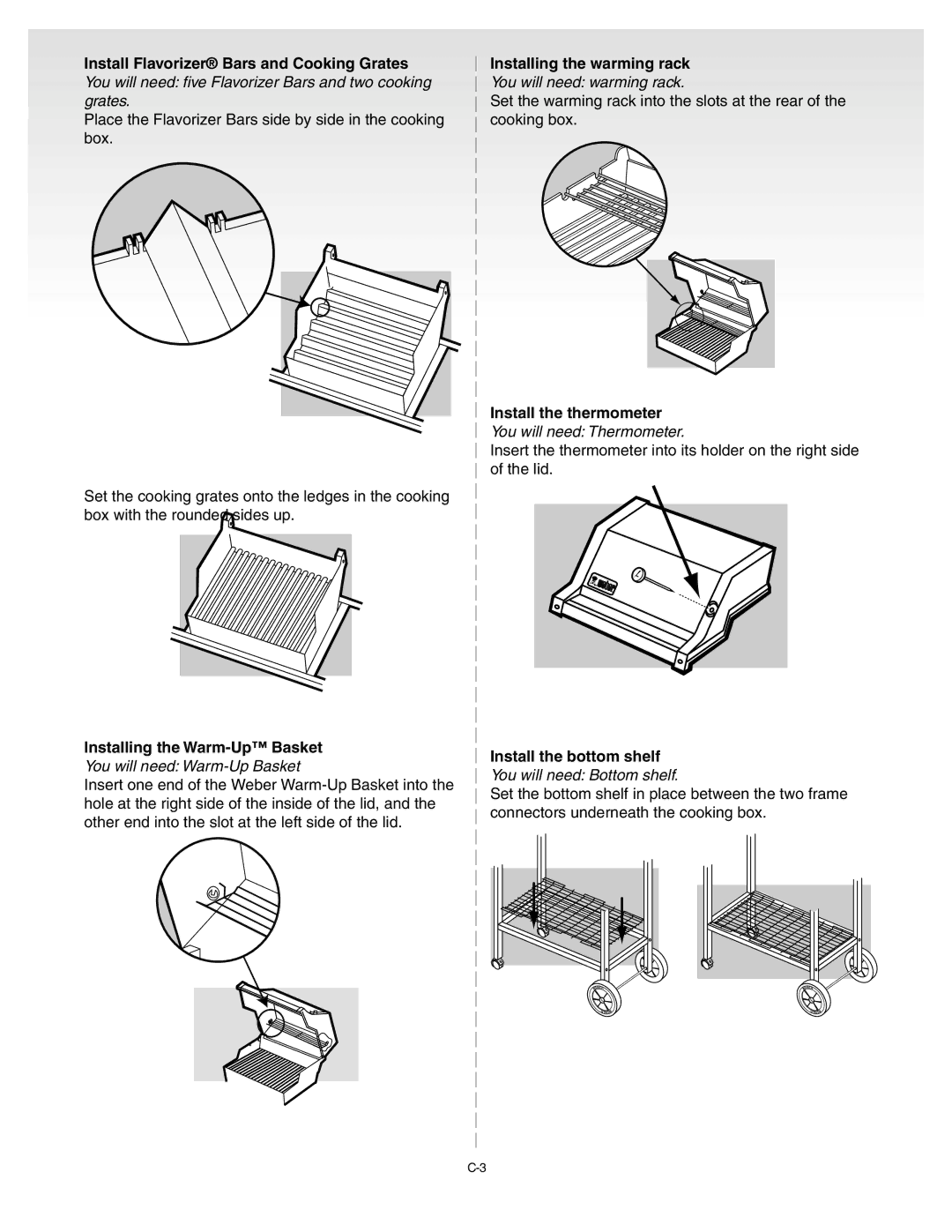 Weber 55008 Installing the warming rack, Install the thermometer, Installing the Warm-Up Basket, Install the bottom shelf 