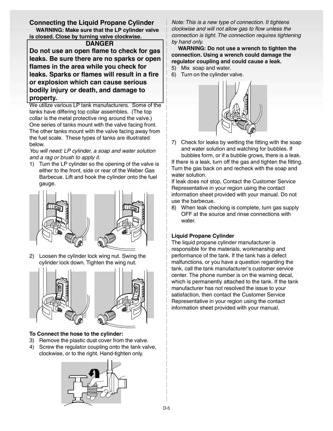 Weber 55008 manual To Connect the hose to the cylinder, Liquid Propane Cylinder 