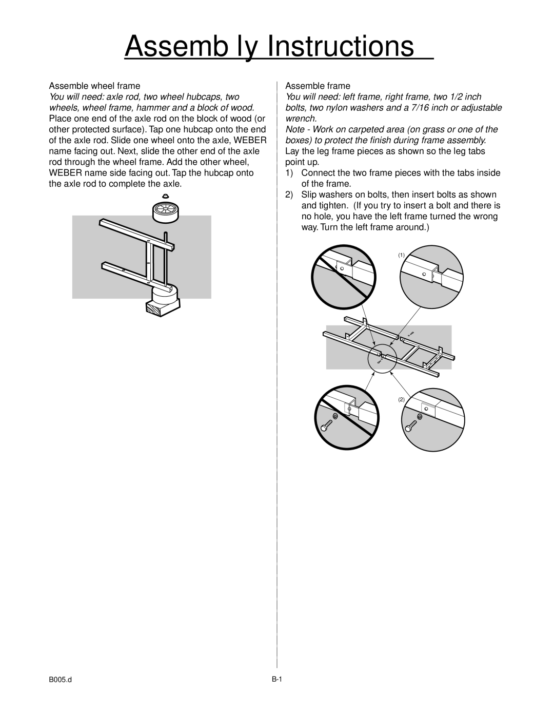 Weber 55009 manual Assemble wheel frame, Assemble frame 