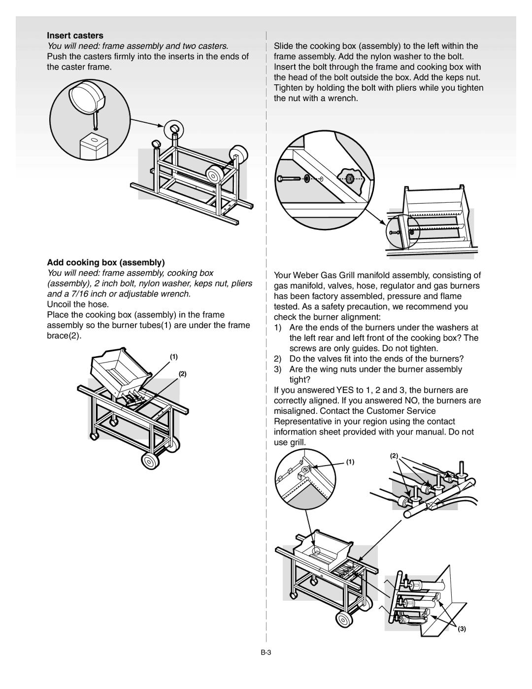 Weber 55009 manual Insert casters, Add cooking box assembly 