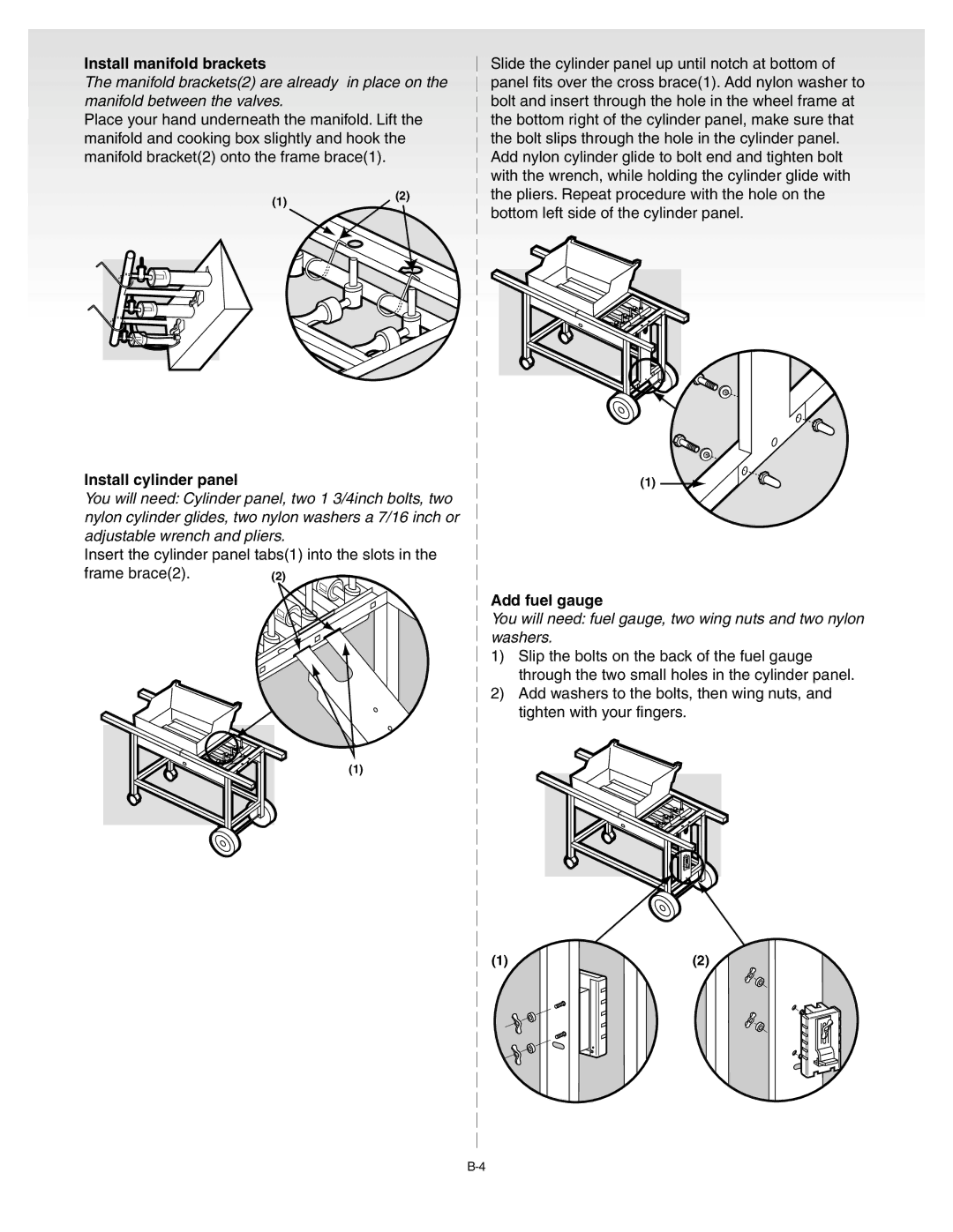 Weber 55009 manual Install manifold brackets, Install cylinder panel, Frame brace2, Add fuel gauge 