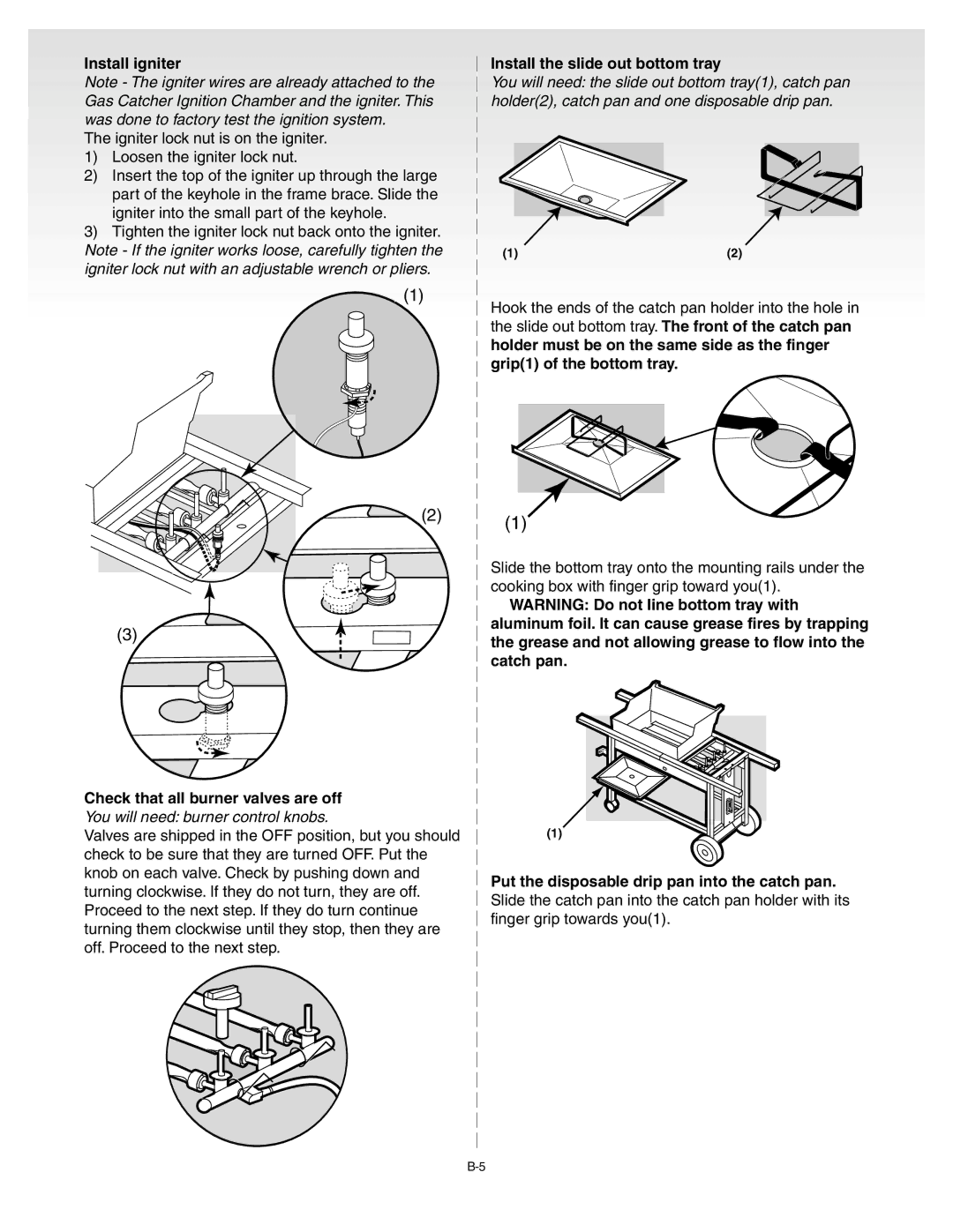 Weber 55009 manual Install igniter, Check that all burner valves are off, Install the slide out bottom tray 