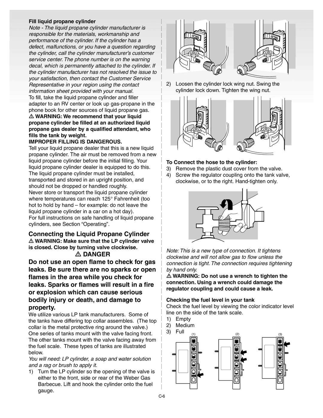 Weber 55009 manual Fill liquid propane cylinder, To Connect the hose to the cylinder, Checking the fuel level in your tank 