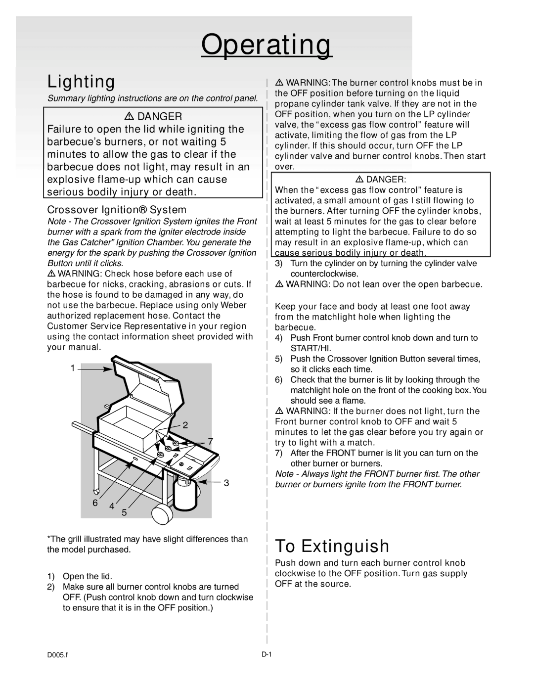 Weber 55009 manual Lighting, To Extinguish 