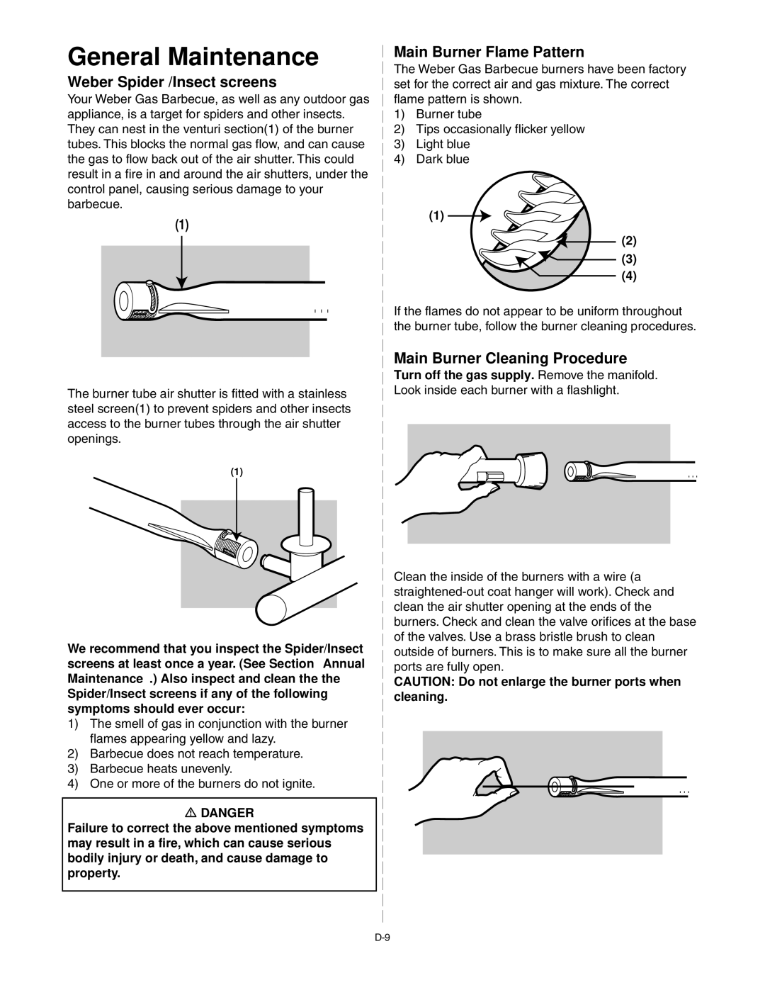 Weber 55009 General Maintenance, Weber Spider /Insect screens, Main Burner Flame Pattern, Main Burner Cleaning Procedure 