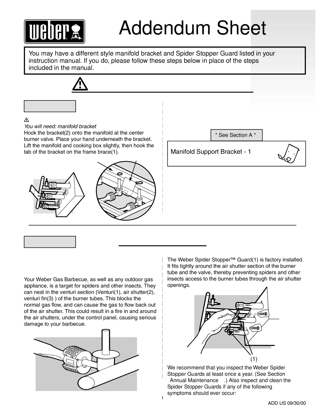 Weber 55009 manual Weber Spider Stopper Guards, See Section B Install manifold bracket, See Section a, See Section D 