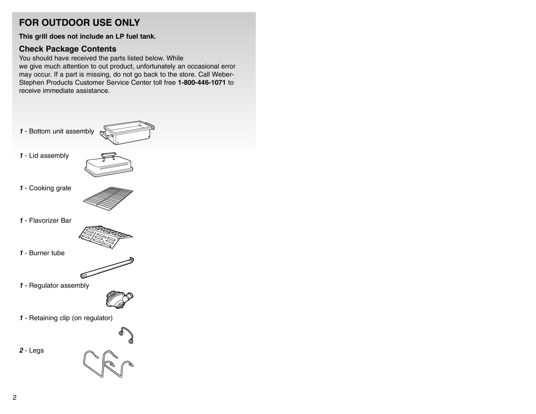 Weber 55014 manual For Outdoor USE only, Check Package Contents 