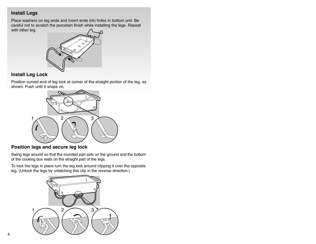 Weber 55014 manual Install Legs, Install Leg Lock, Position legs and secure leg lock 