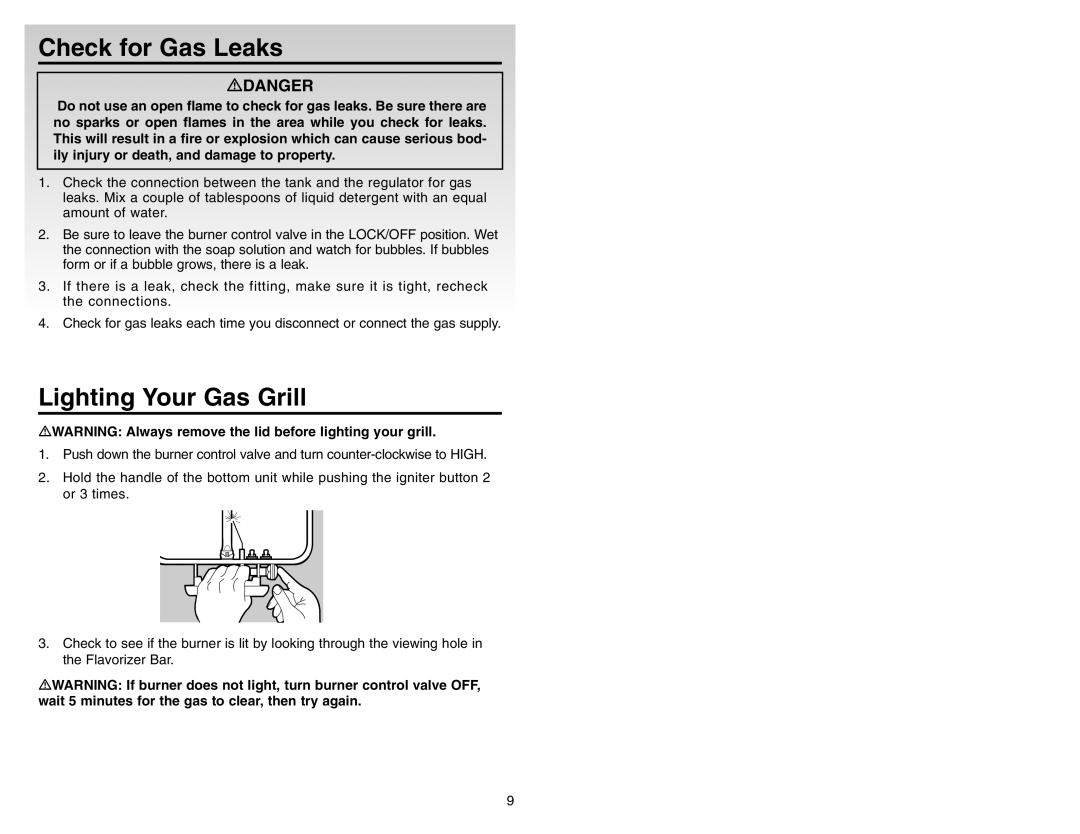 Weber 55014 manual Check for Gas Leaks, Lighting Your Gas Grill 