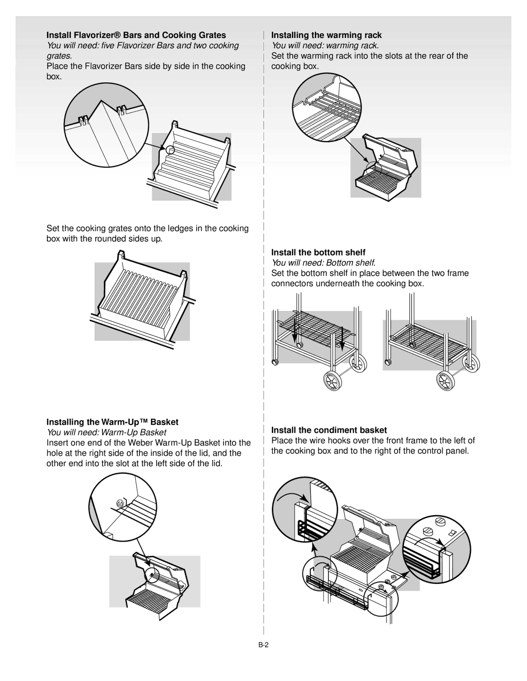 Weber 55023 1199 manual Installing the Warm-Up Basket, Installing the warming rack, Install the bottom shelf 