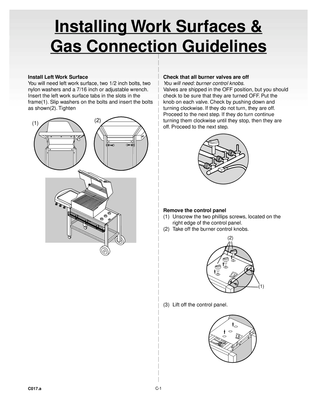 Weber GENESIS GOLDB Gas Grill, 55023 1199 Installing Work Surfaces Gas Connection Guidelines, Remove the control panel 