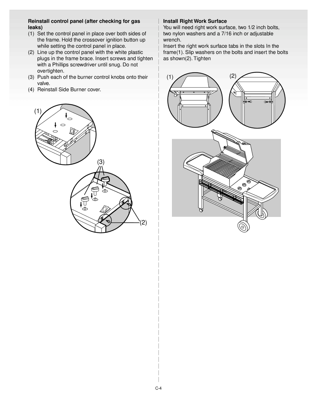 Weber 55023 1199, GENESIS GOLDB Gas Grill Reinstall control panel after checking for gas leaks, Install Right Work Surface 