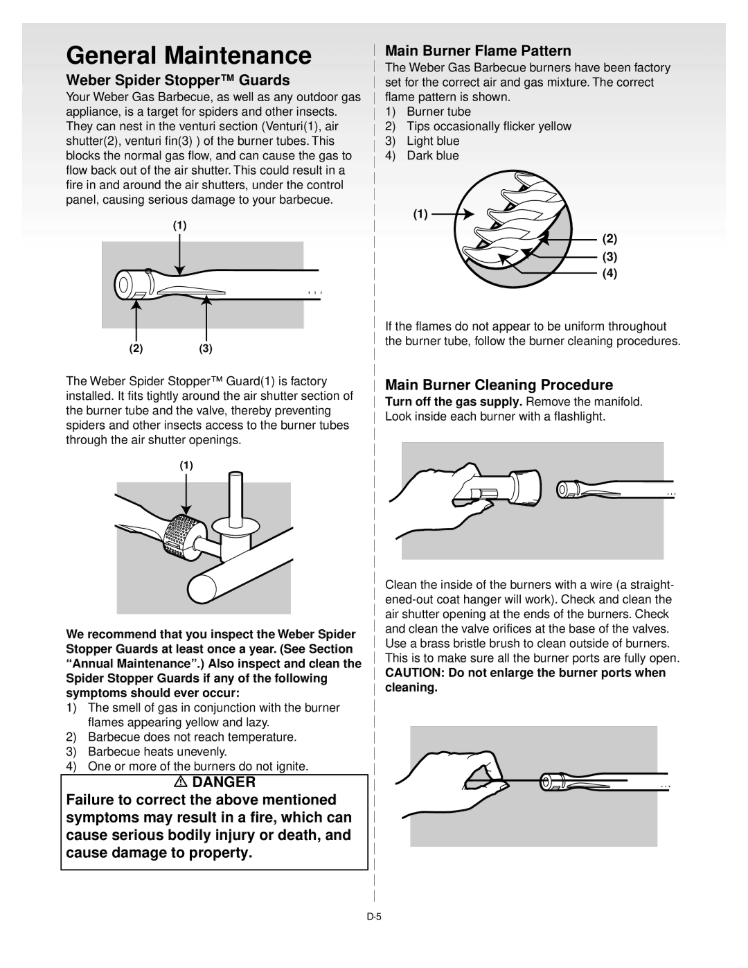 Weber GENESIS GOLDB Gas Grill, 55023 1199 General Maintenance, Weber Spider Stopper Guards, Main Burner Cleaning Procedure 