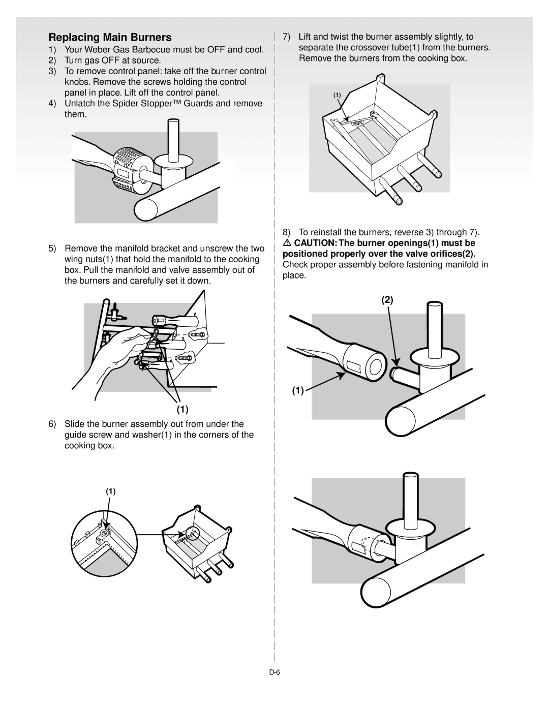 Weber 55023 1199, GENESIS GOLDB Gas Grill manual Replacing Main Burners 