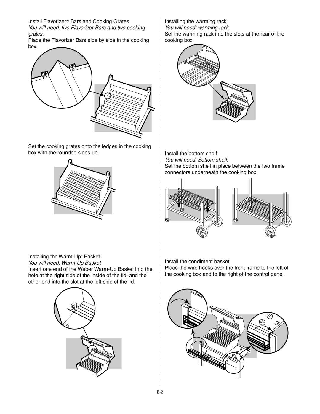 Weber 55024 manual Installing the Warm-Up Basket, Installing the warming rack, Install the bottom shelf 