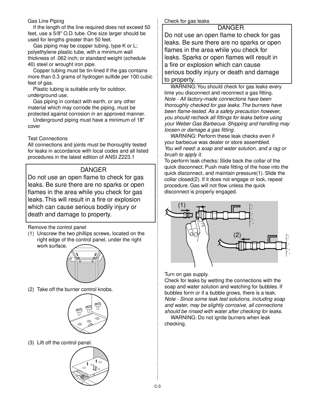 Weber 55024 manual Gas Line Piping, Test Connections, Remove the control panel, Check for gas leaks 