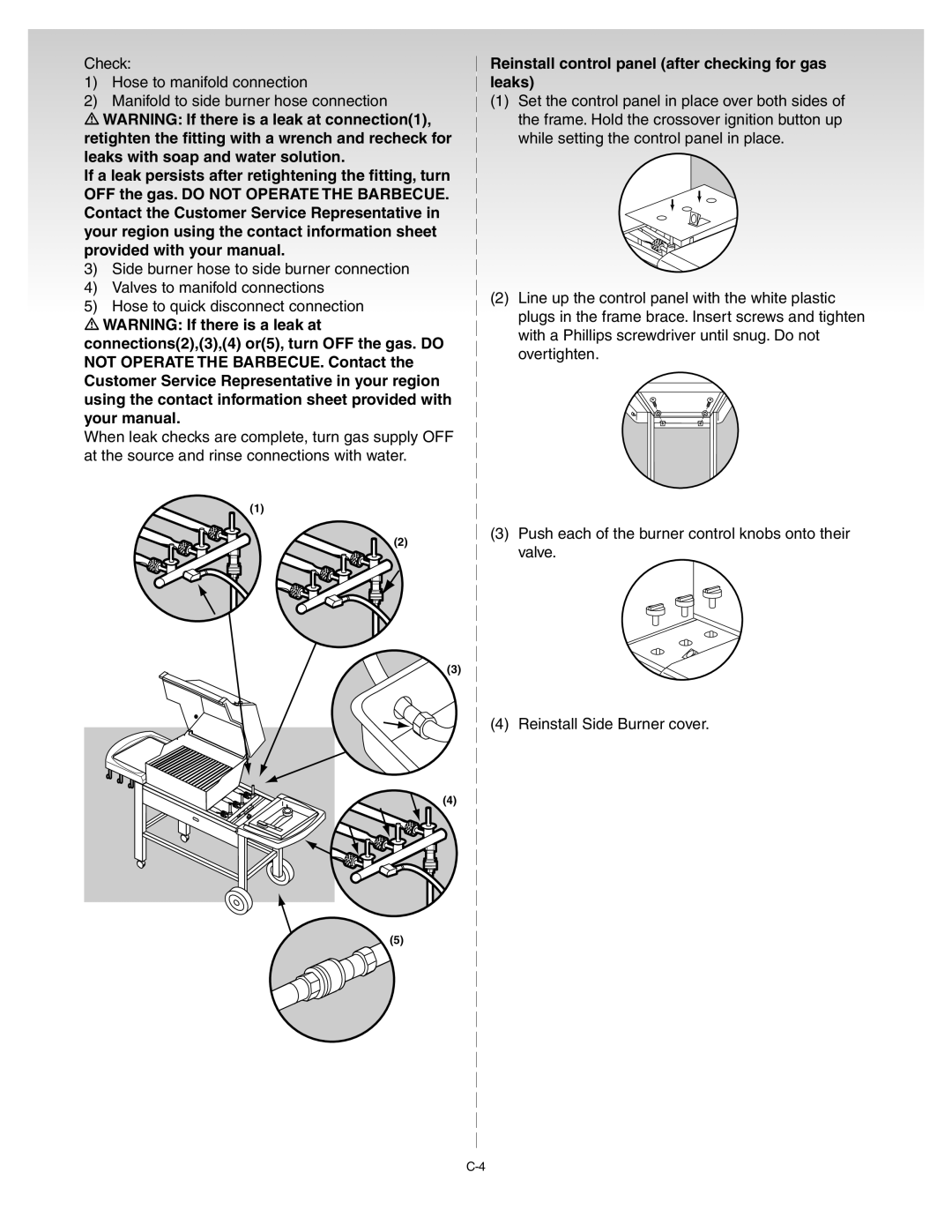 Weber 55024 manual Reinstall control panel after checking for gas leaks 