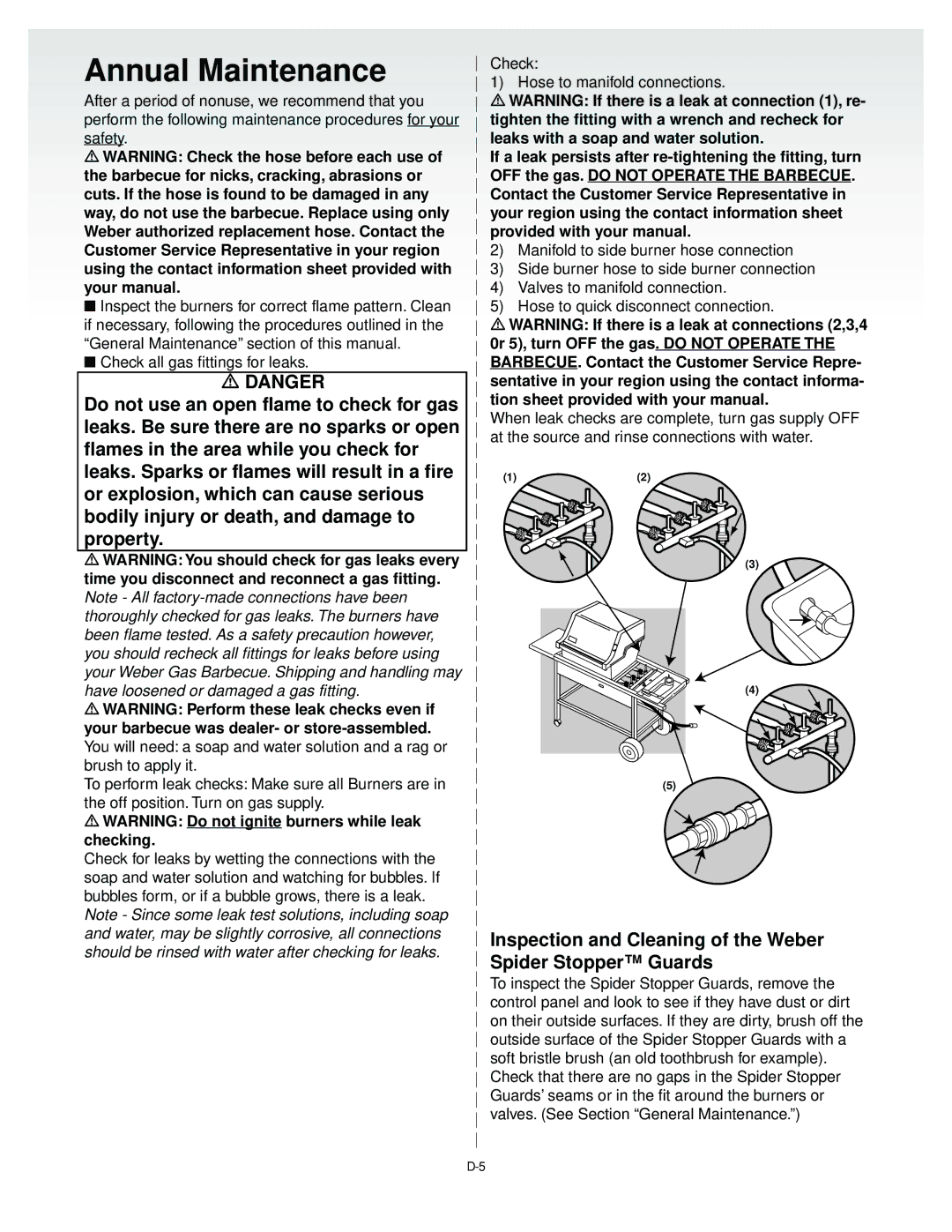 Weber 55024 manual Annual Maintenance, Inspection and Cleaning of the Weber Spider Stopper Guards 