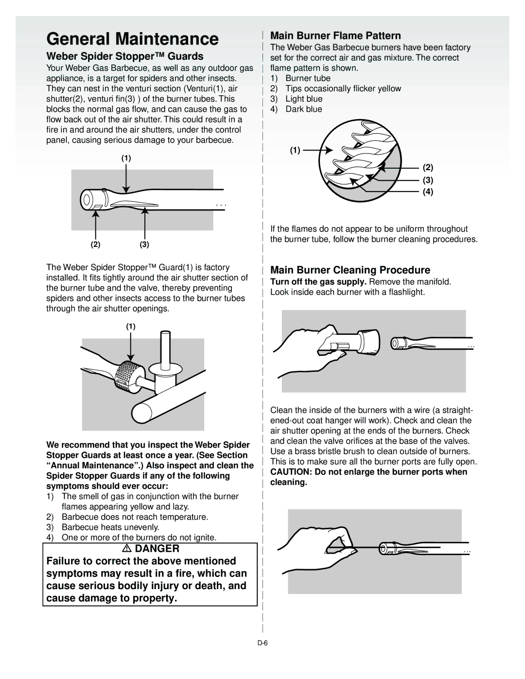 Weber 55024 manual General Maintenance, Weber Spider Stopper Guards, Main Burner Cleaning Procedure 