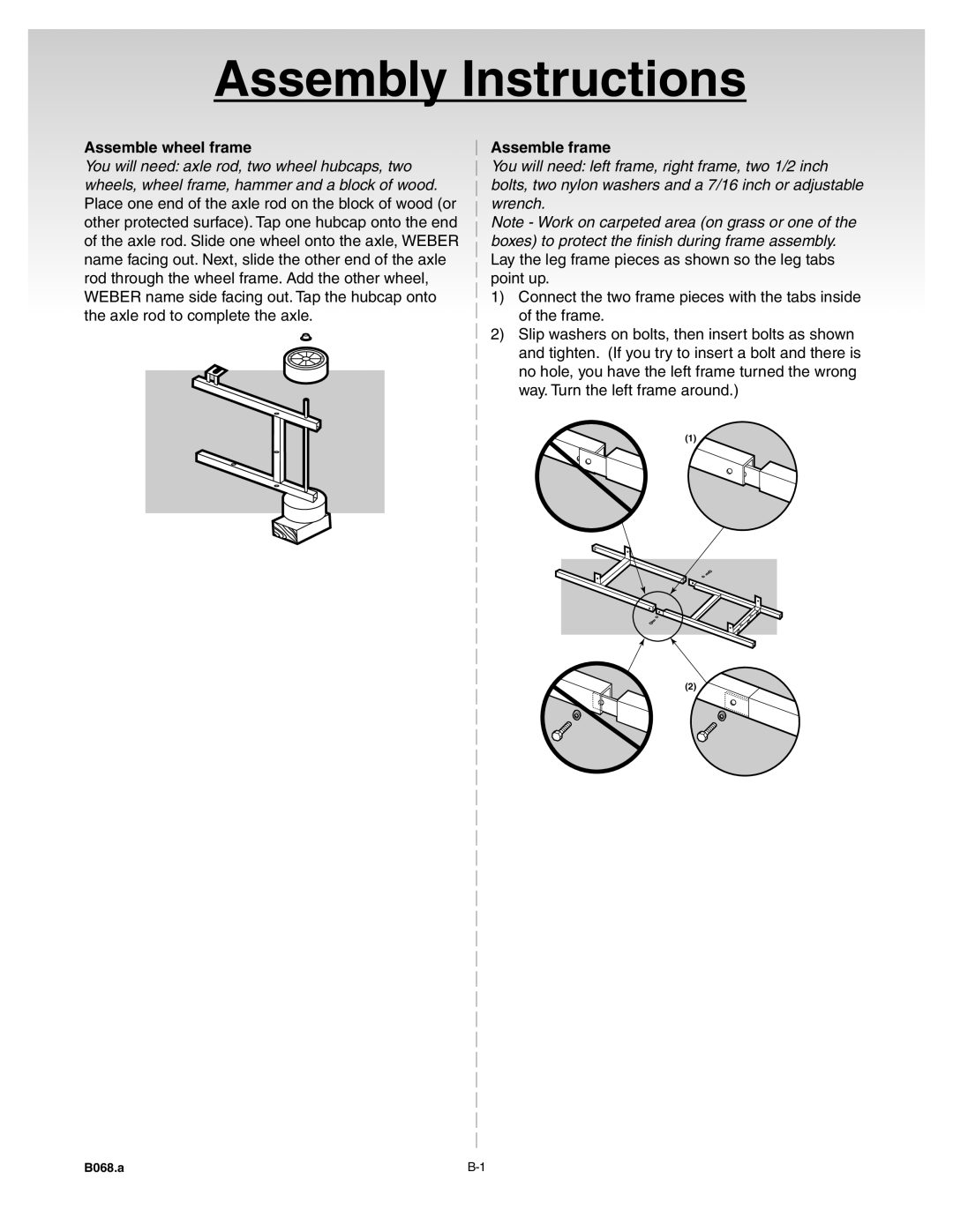 Weber Liquid Propane Grill, 55052 0100 manual Assemble wheel frame, Assemble frame 