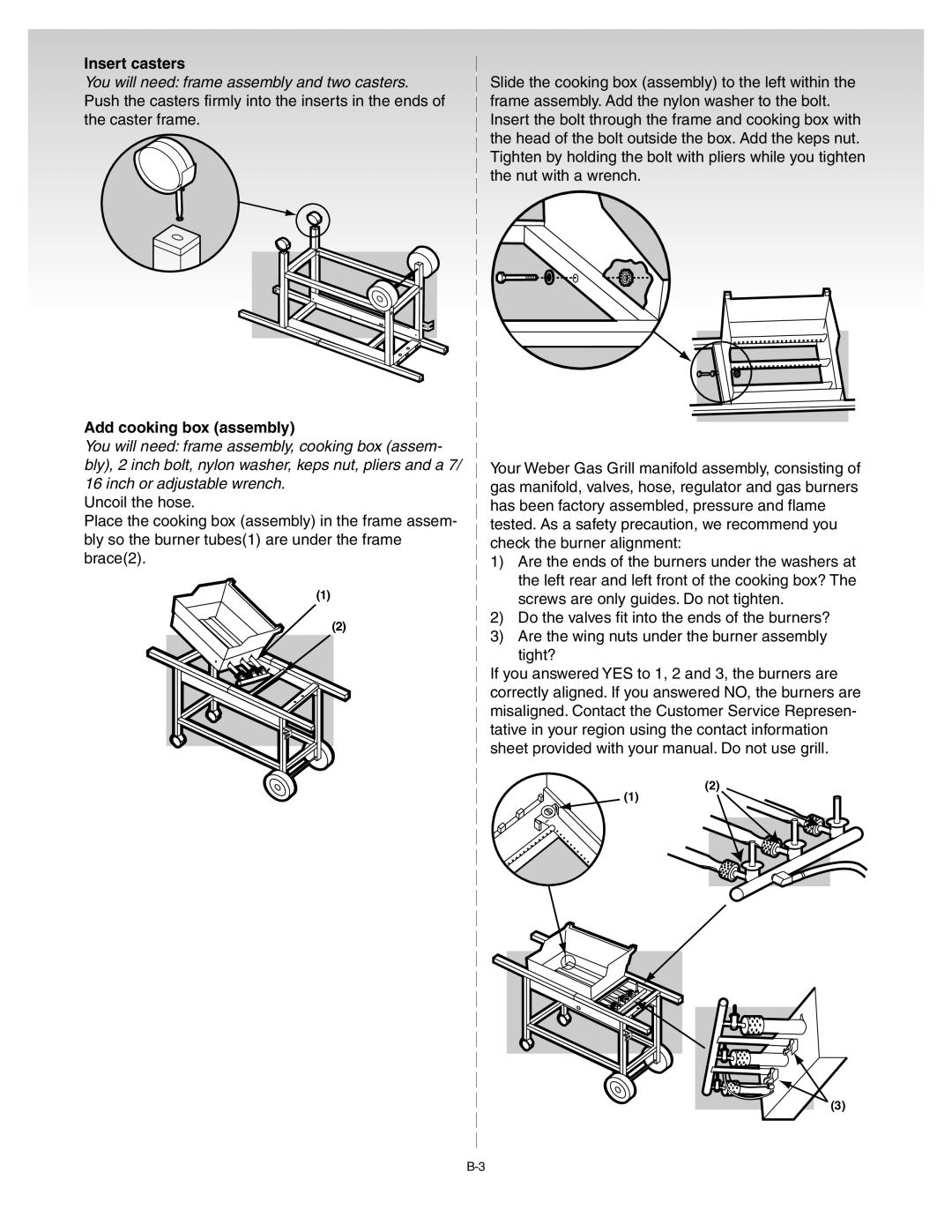 Weber Liquid Propane Grill, 55052 0100 manual Insert casters, Add cooking box assembly 