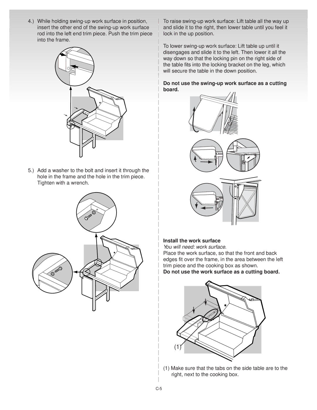 Weber 55052 0100 Install the work surface, You will need work surface, Do not use the work surface as a cutting board 