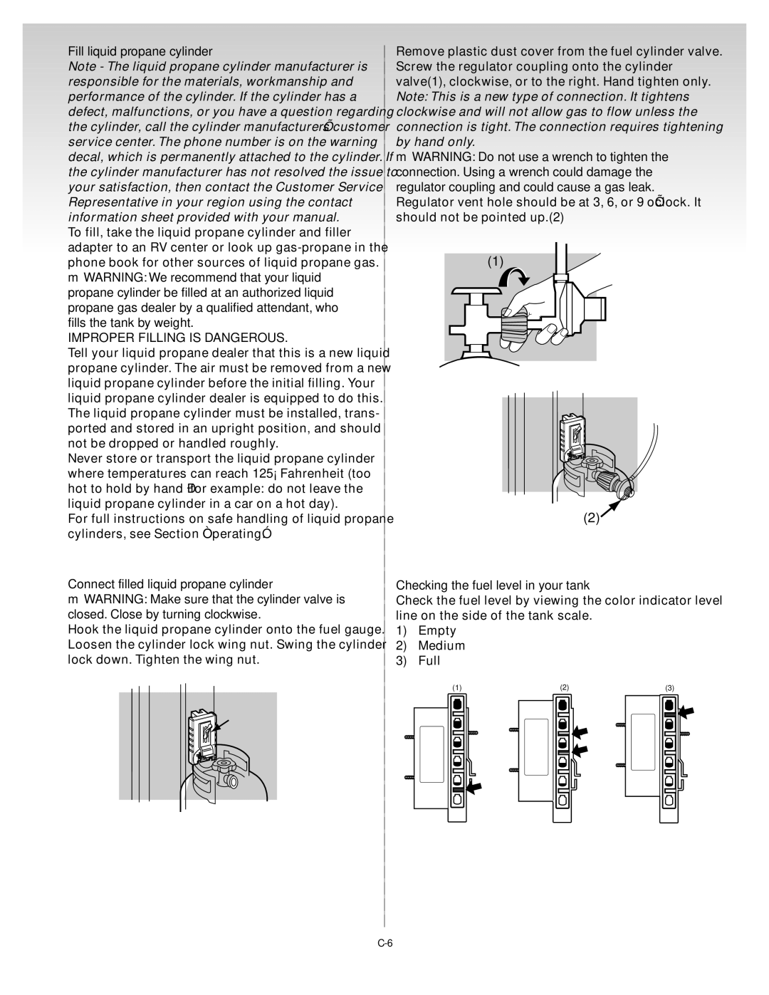 Weber Liquid Propane Grill, 55052 0100 manual Fill liquid propane cylinder, Connection. Using a wrench could damage 