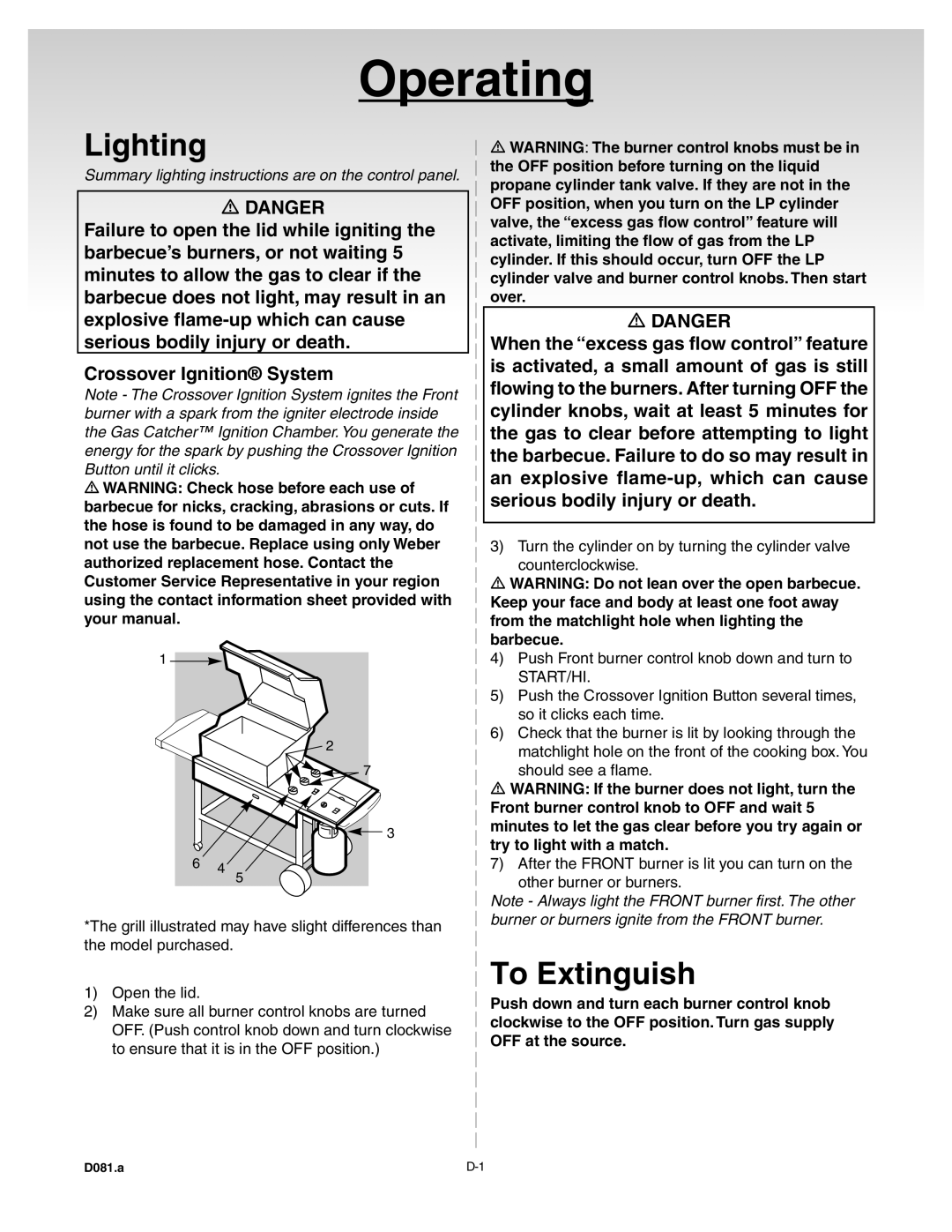 Weber 55052 0100, Liquid Propane Grill Lighting, To Extinguish, Summary lighting instructions are on the control panel 