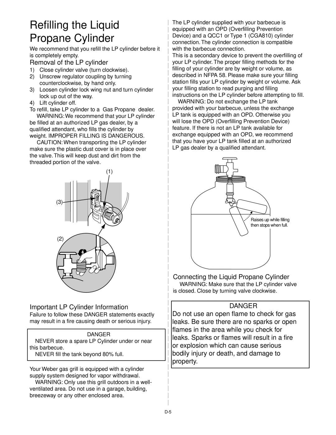 Weber 55052 0100 Refilling the Liquid Propane Cylinder, Removal of the LP cylinder, Important LP Cylinder Information 