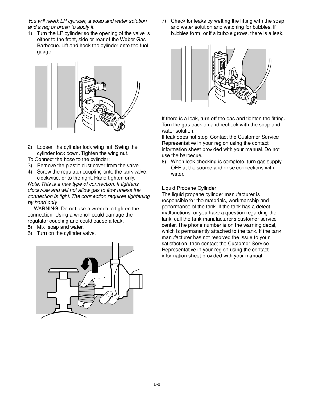 Weber Liquid Propane Grill, 55052 0100 manual To Connect the hose to the cylinder, Liquid Propane Cylinder 